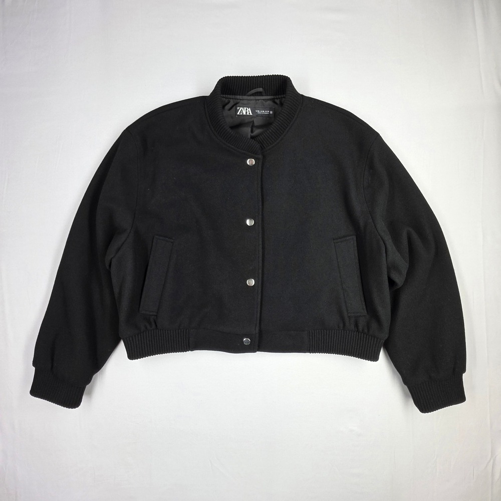 Zara Mens XL Black Cropped Bomber Jacket Snap Button Wool Blend Style